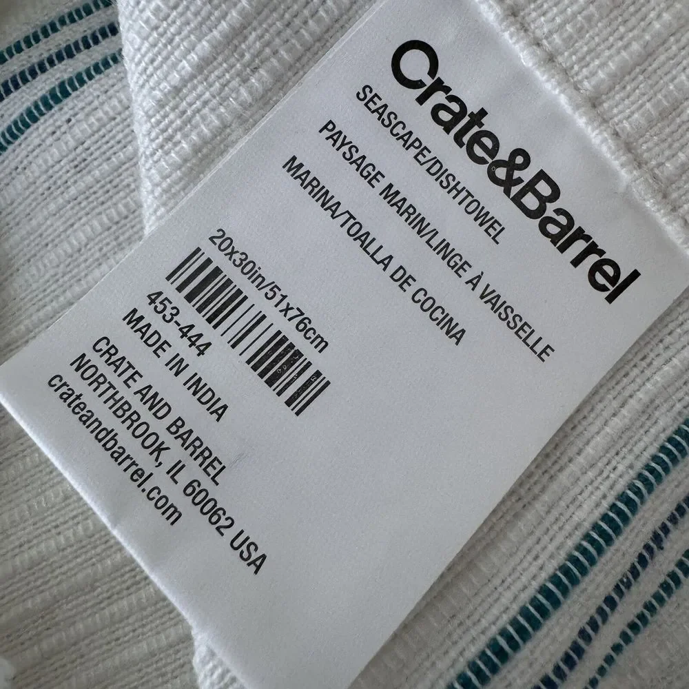 New Crate & Barrel Set 2‎ Kitchen Tea Towel Blue Stripe Seascape Modern Boho Lot